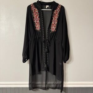 CATO M‎ Black Sheer Beach Swimsuit Cover up Tassel Tie Duster Boho Kimono Classy